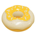 TPR donut-shaped dog toy with dental cleaning ridges and squeaker in pink, yellow, or chocolate colours