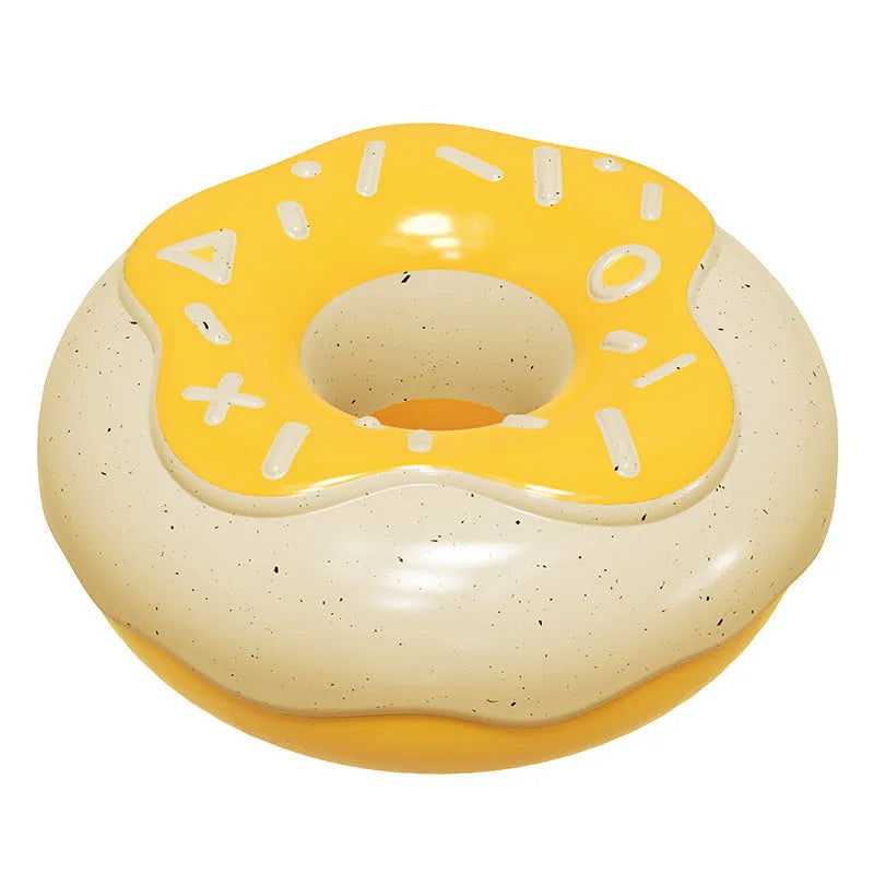 TPR donut-shaped dog toy with dental cleaning ridges and squeaker in pink, yellow, or chocolate colours