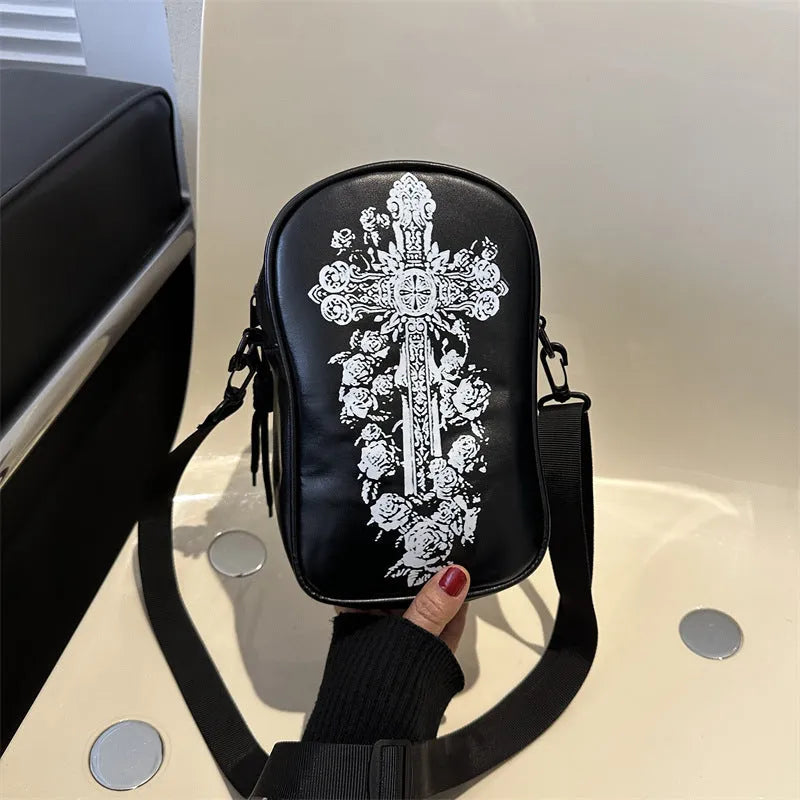Halloween graffiti crossbody bag with pumpkin ghost bat prints, small square design
