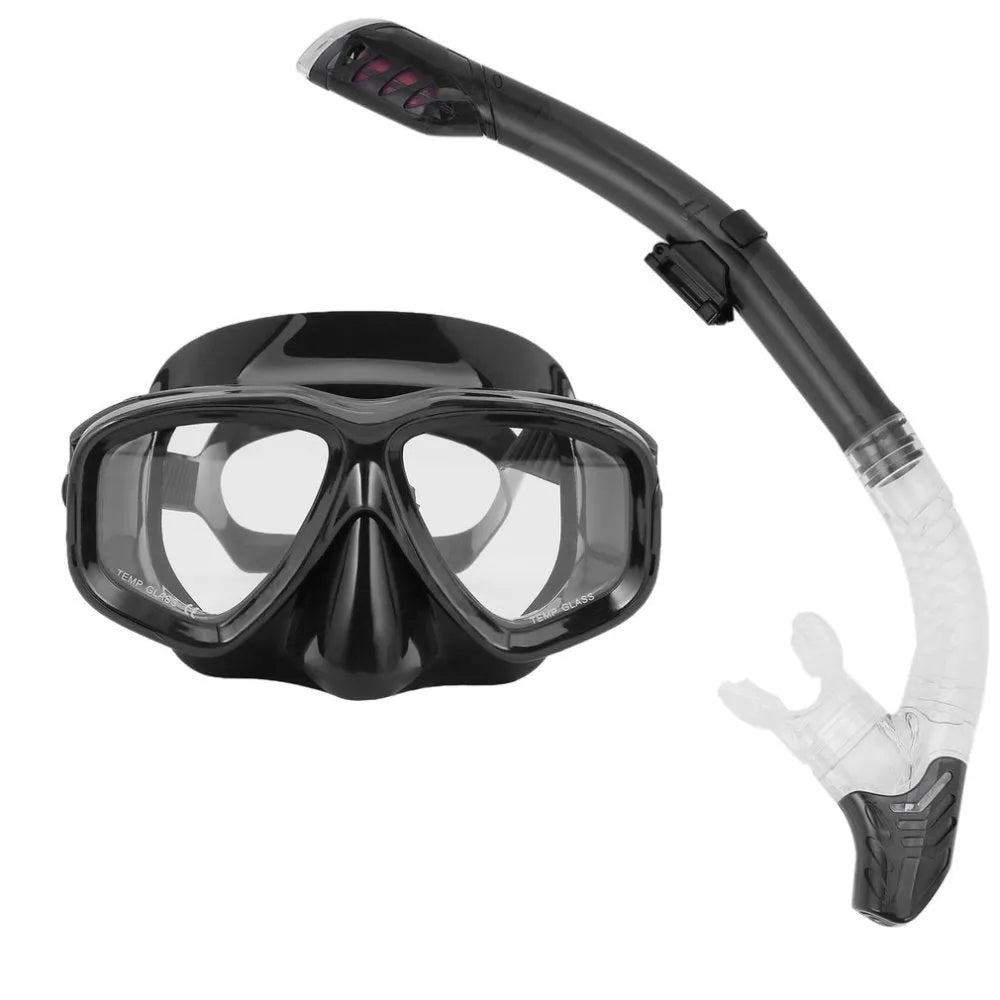 Black diving goggles with anti-fog glass lens, PC frame, adjustable silicone strap, and silicone mouthpiece.