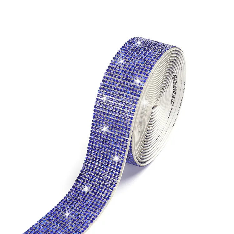 A long strip of self-adhesive, sparkly glass water drill trim on a white background, showing white and AB colour options.
