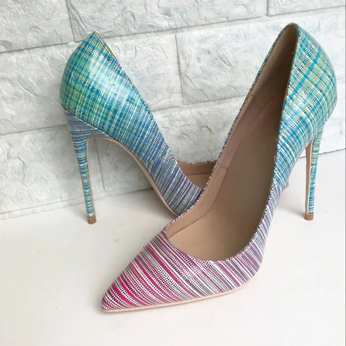 Ladies pink blue gradient patent leather pointed toe high heels on a white background