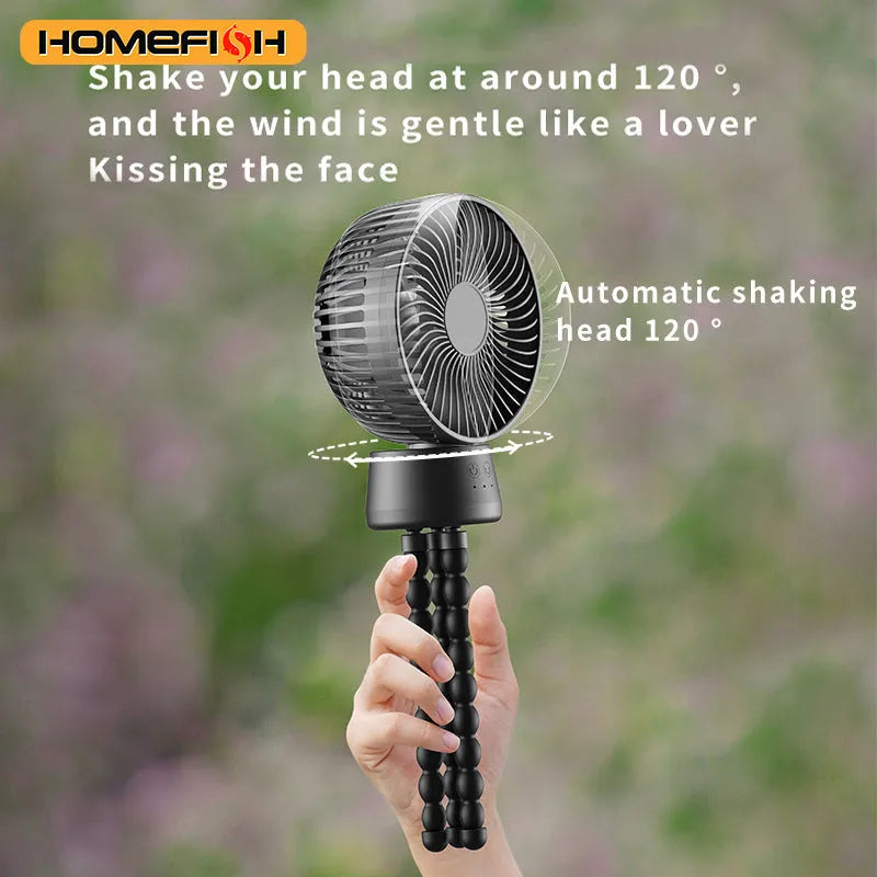HOMEFISH portable fan with bracket, showing F1 and F2 models with removable mesh and LED light.