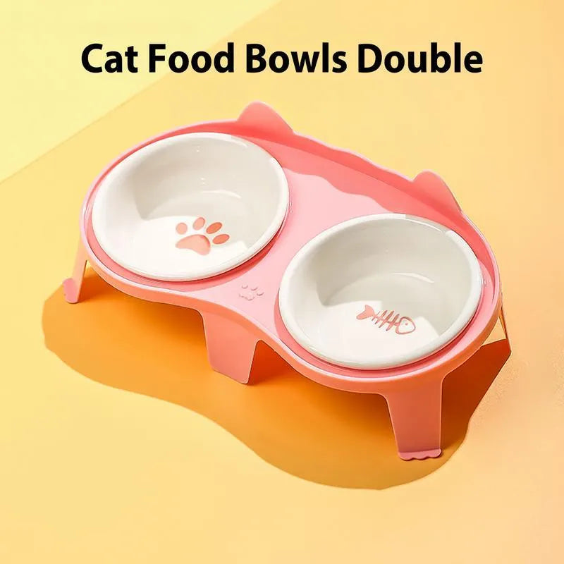 Ceramic cat food and water bowl set with elevated tilted design on ABS stand with hook