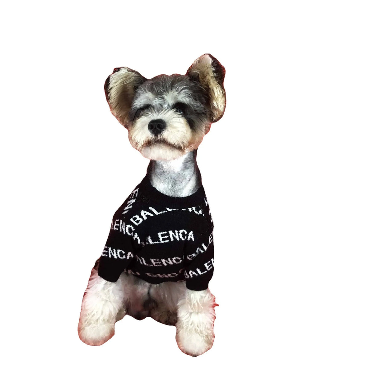 Acrylic pullover dog sweater in black or green, sizes S to 2XL, with neck, bust, and back length measurements.