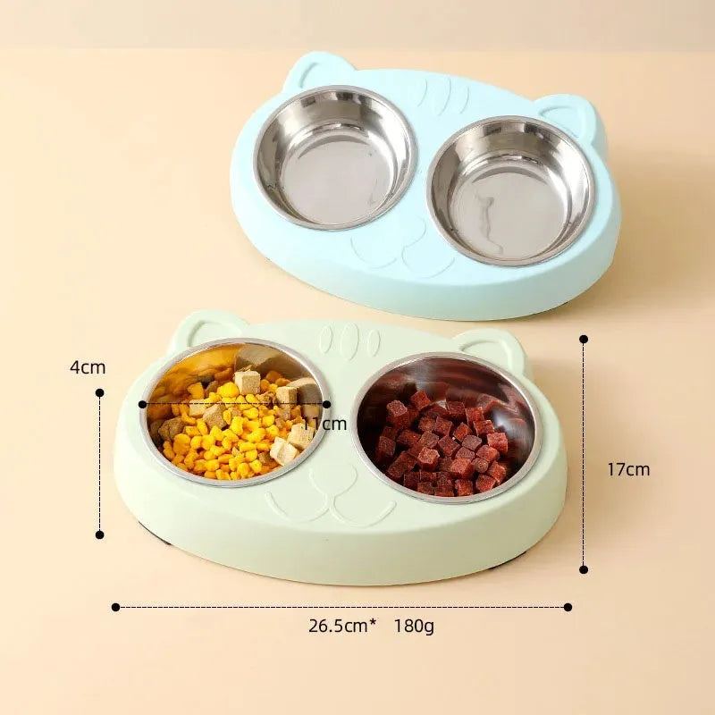 Blue plastic double bowl pet feeder tray for cats and small dogs on a floor.