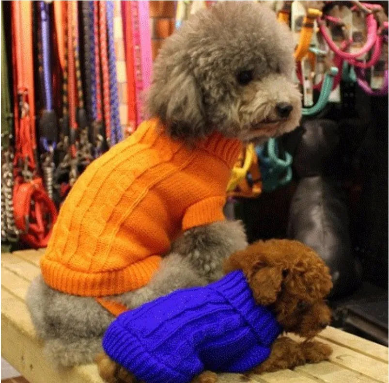 Knitted wool dog sweater with fabric buttons, available in eight colours and sizes XS to XXL