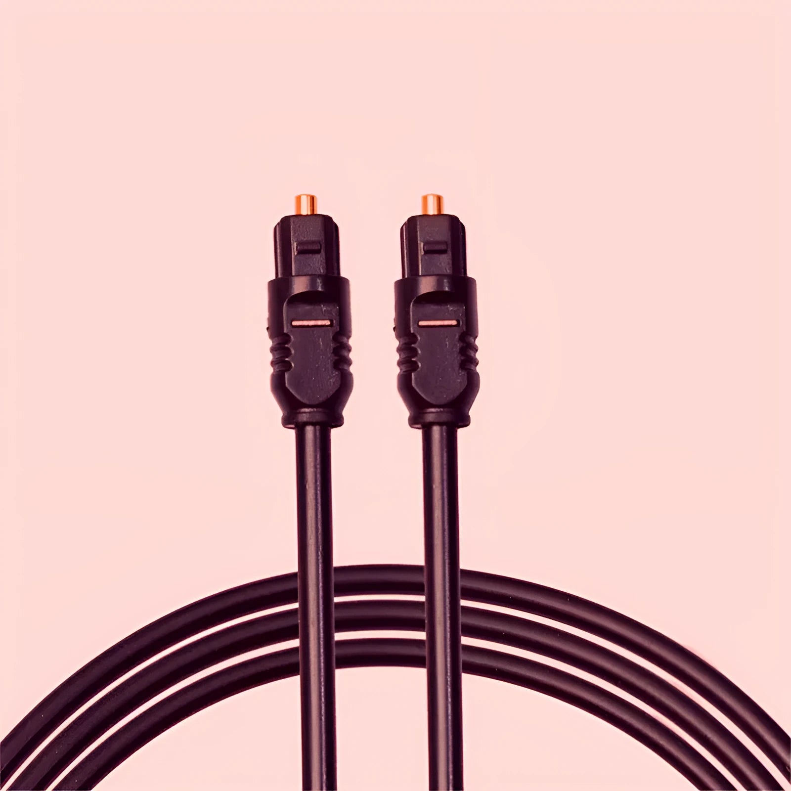 Black Toslink fibre optic audio cable with 4mm square connectors showing 2-metre length
