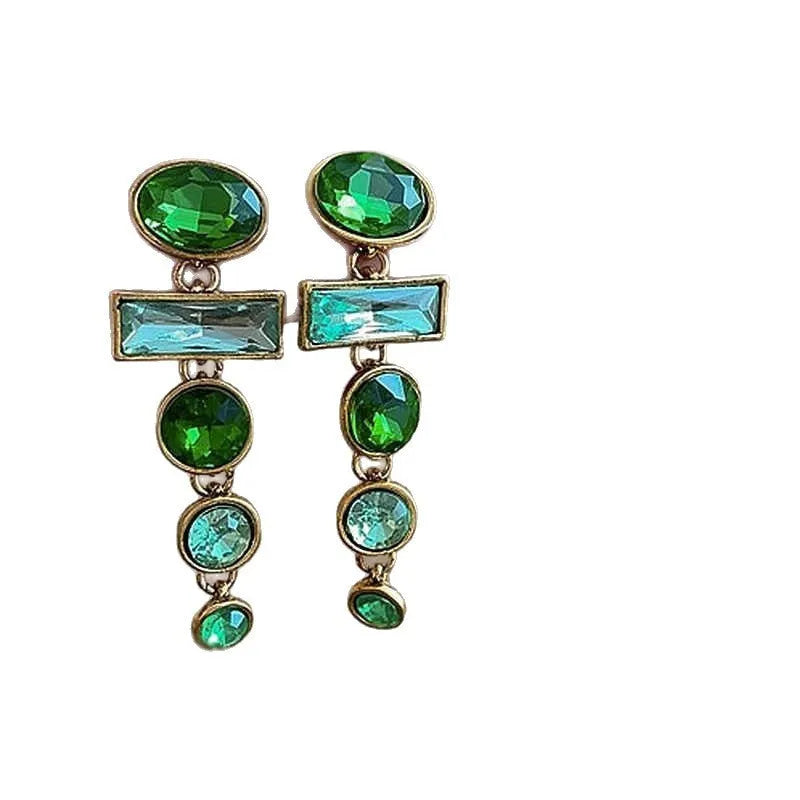 A pair of green gradient geometric Chinese style alloy earrings with inlaid zircon stones.