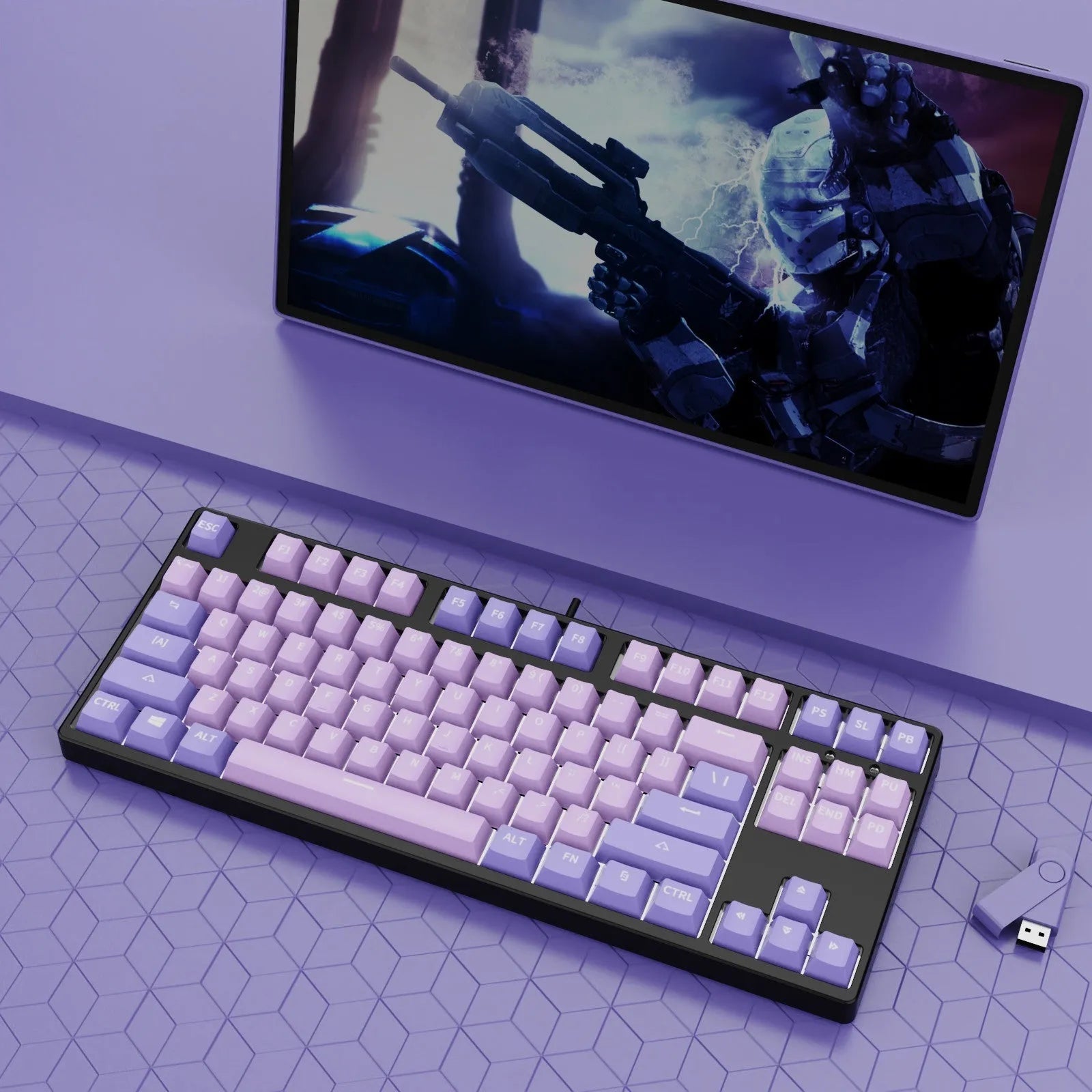 87-key wired mechanical keyboard with two-tone keycaps in orange and yellow colour combination
