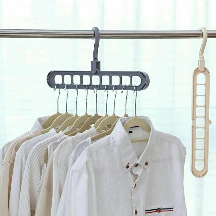 Plastic clothes hanger with storage hook and rotating handle in available colours