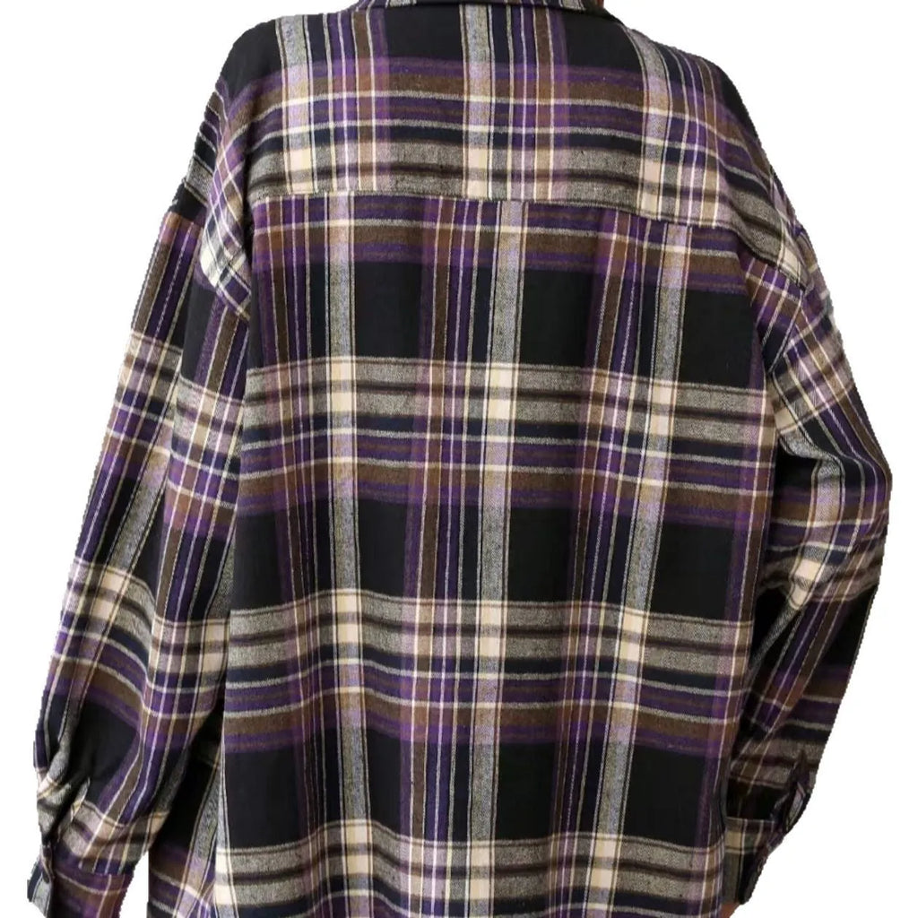 Women's loose fit plaid cotton shirt with long sleeves in black, green or purple