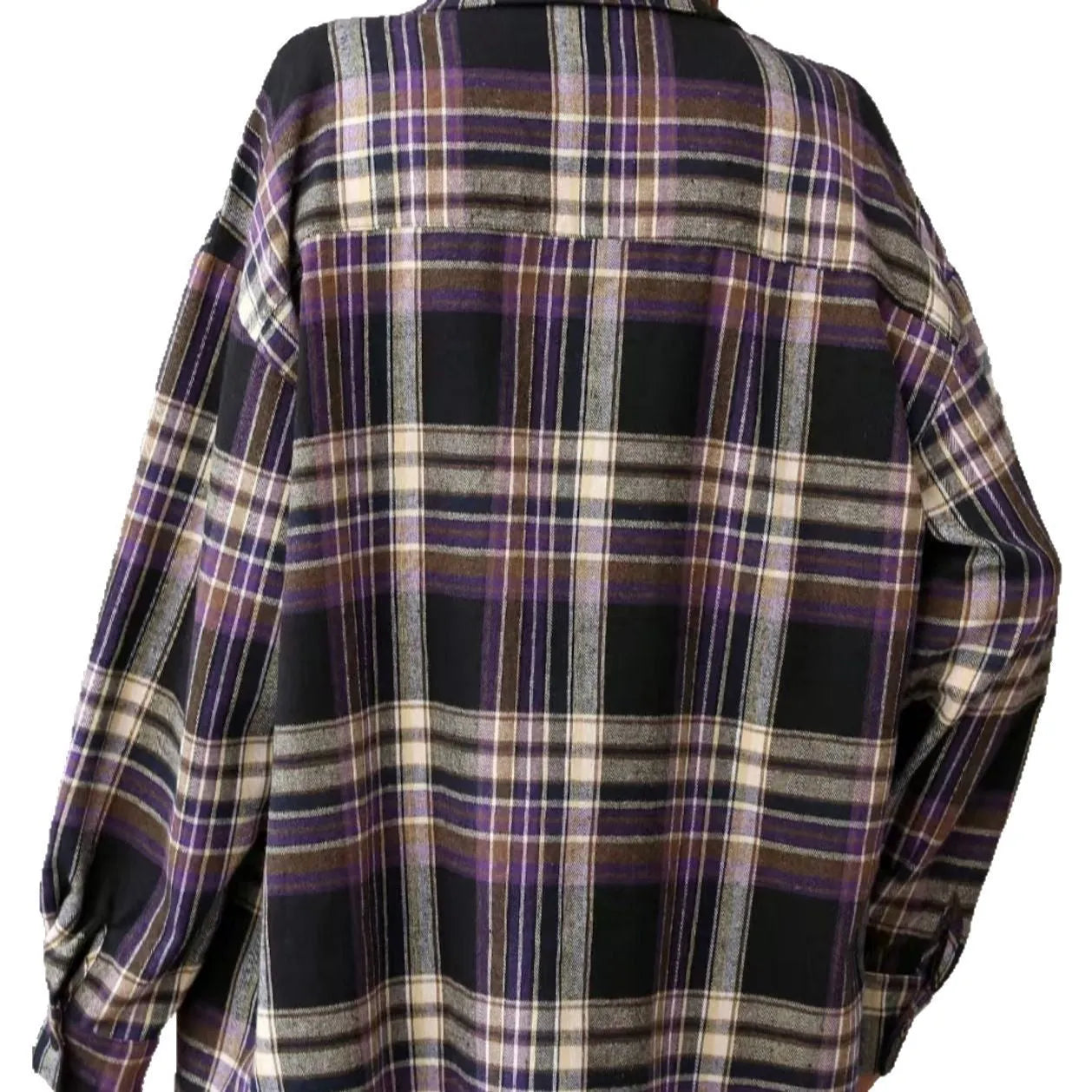 Women's loose fit plaid cotton shirt with long sleeves in black, green or purple