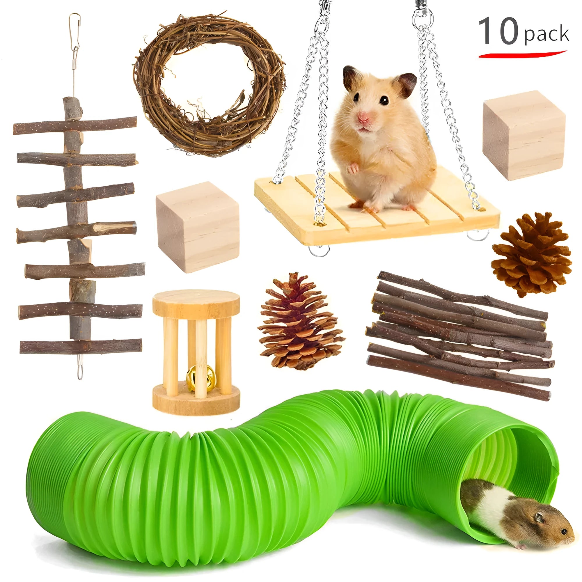 Wooden chew toy set for small pets with natural fibre components including straw and hyacinth balls