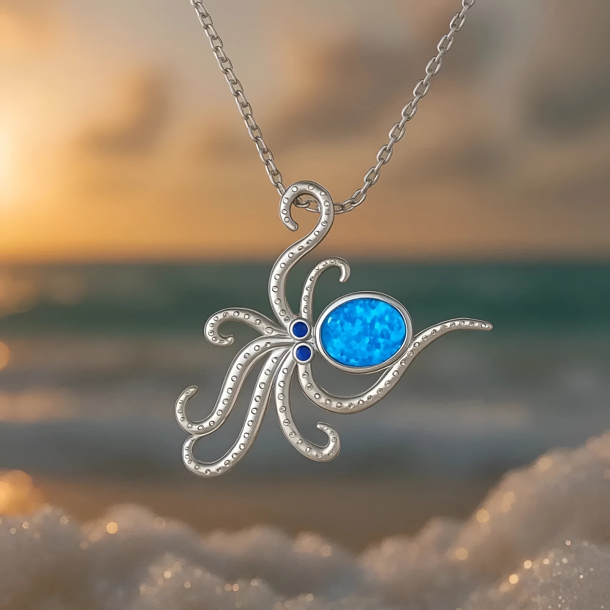 Silver Hawaiian style octopus necklace with geometric opal inlay on stainless steel box chain
