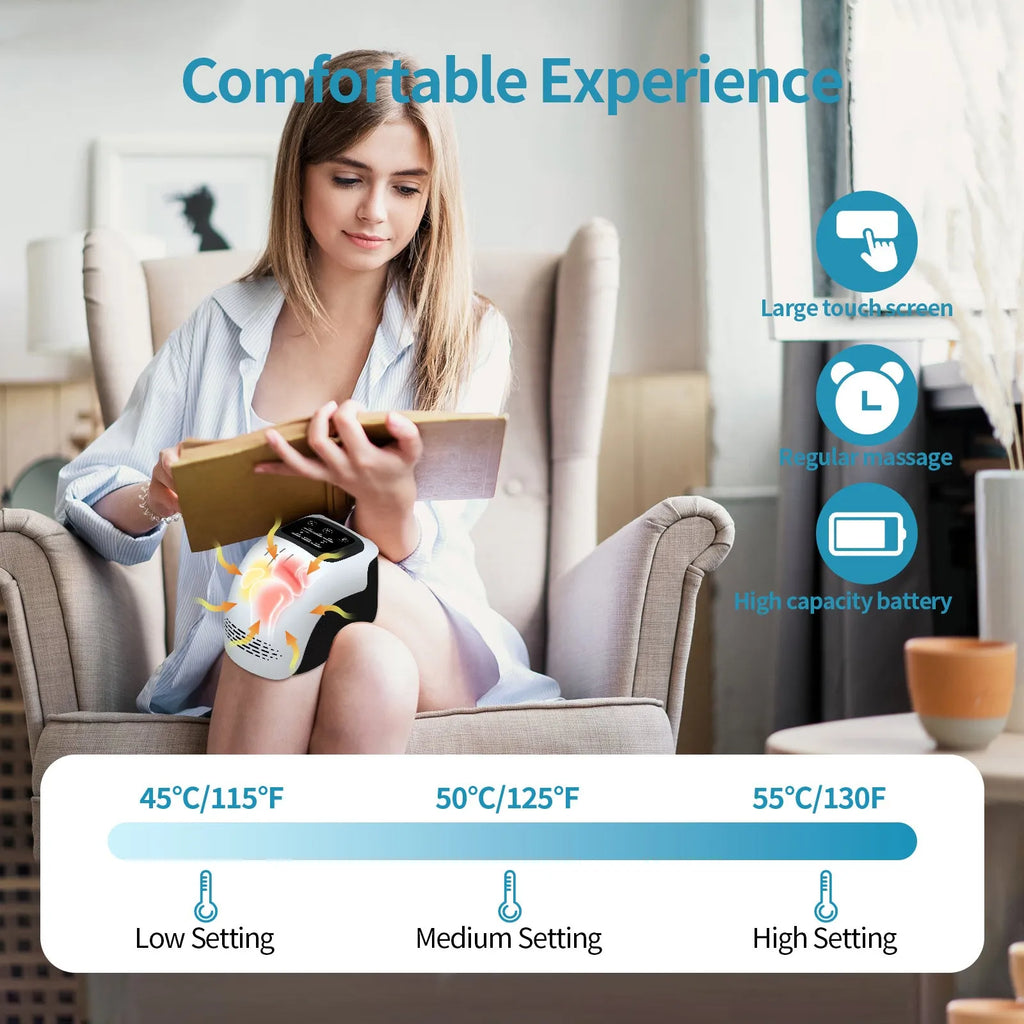 White electric knee massager showing kneading mechanisms and control buttons