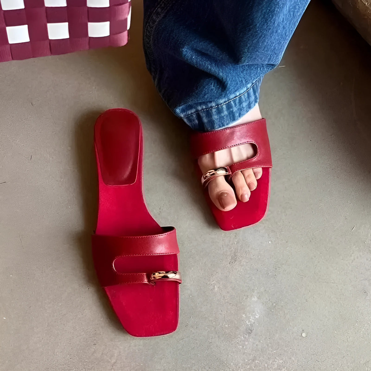Plus size outdoor slippers with square toe design in red, white, black, and silver colour options on a plain background