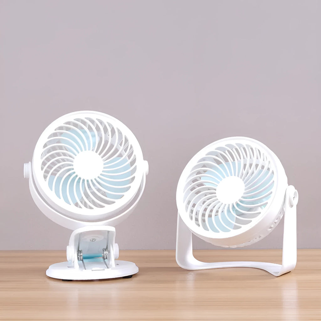USB-powered compact desktop fan with three blades in mini clip and floor configurations
