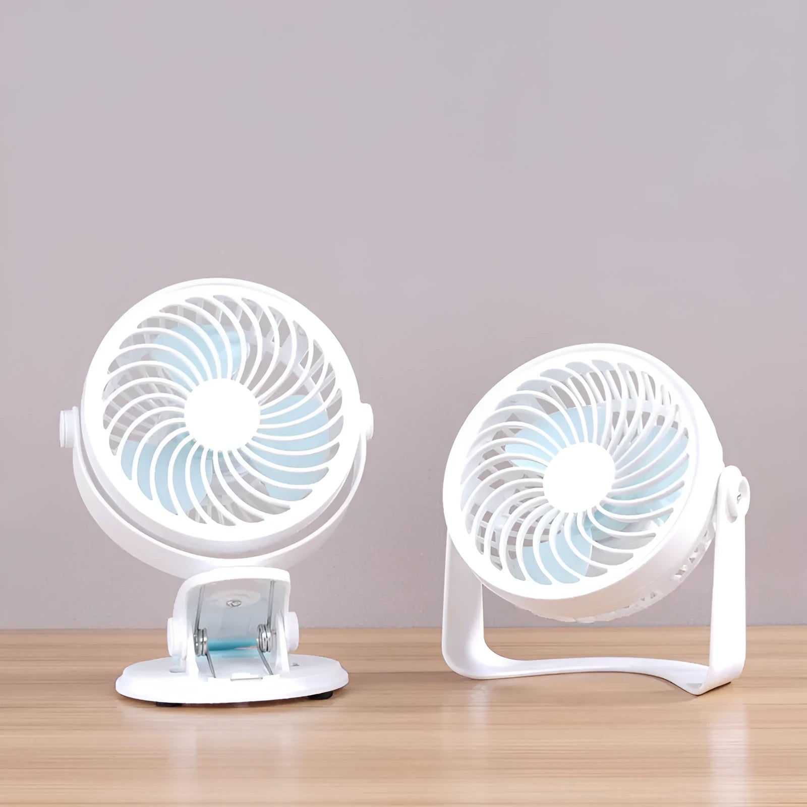 USB-powered compact desktop fan with three blades in mini clip and floor configurations
