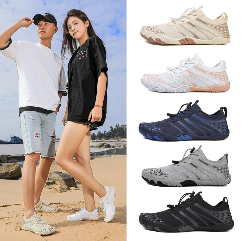 Men's casual beach running shoes with Lycra stretch fabric upper in multiple colours.