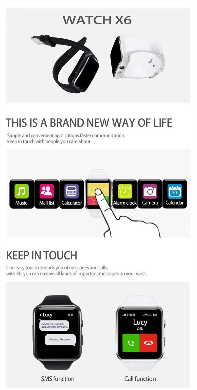 Smart watch with a black silicone strap and a 1.54-inch HD touch screen displaying a digital watch face.