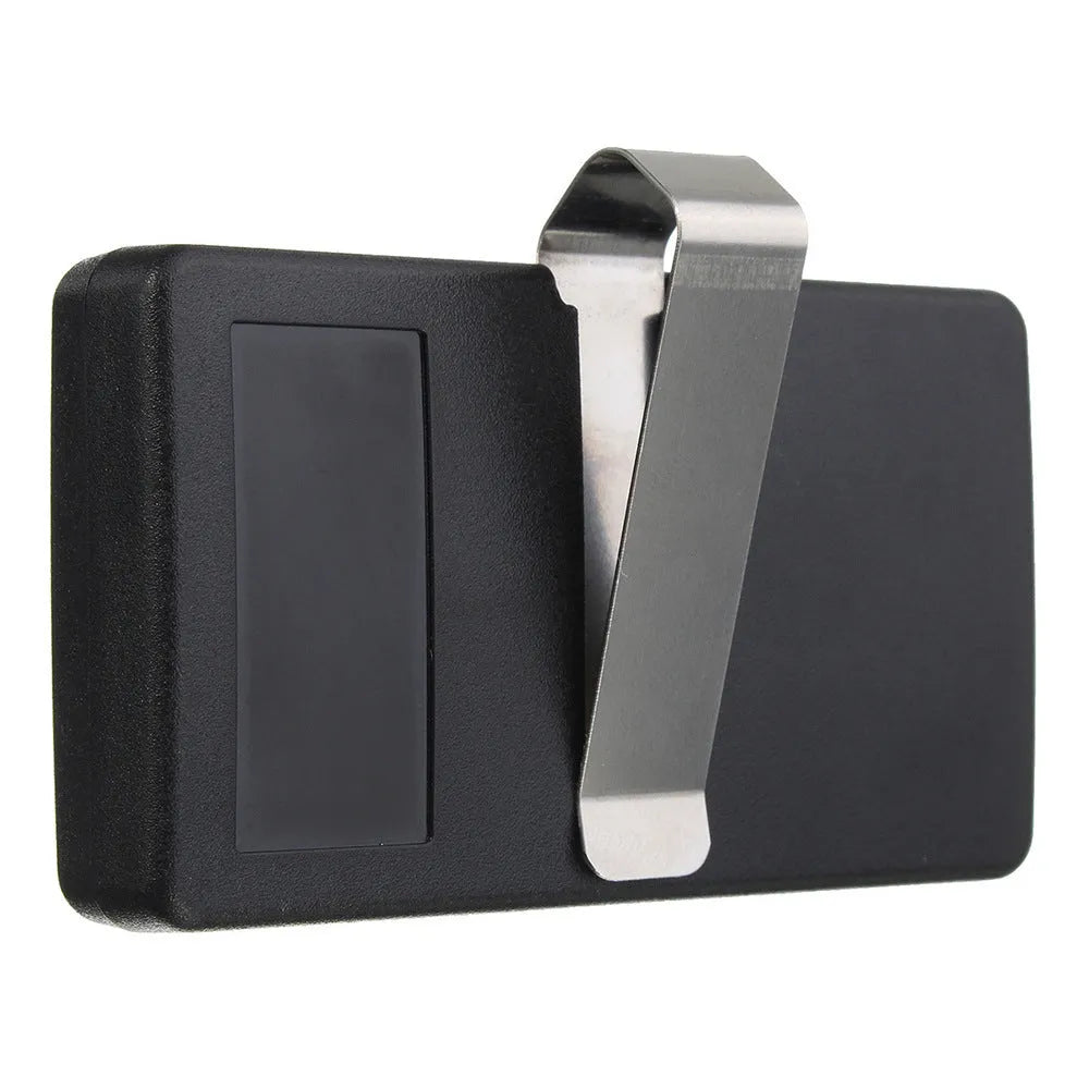 Black three-button garage door remote control with 390MHz rolling code, shown front view.