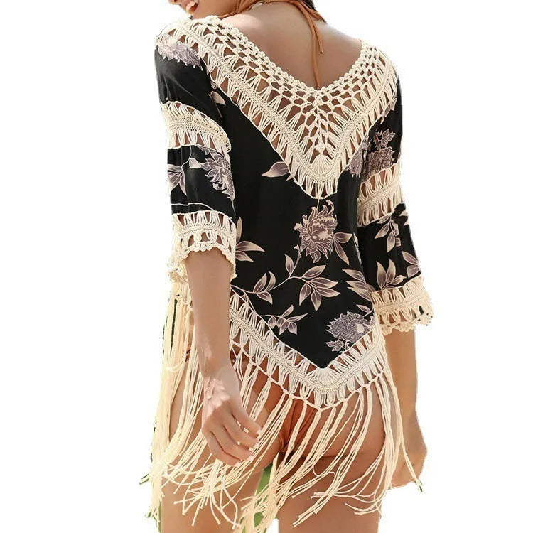 Women's mercerised cotton sun protection shirt with V-neck and hollow-out sleeves in apricot colour