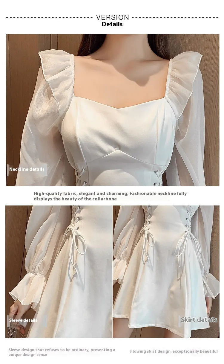 White chiffon patchwork waist-slimming dress with long sleeves and skirt on mannequin