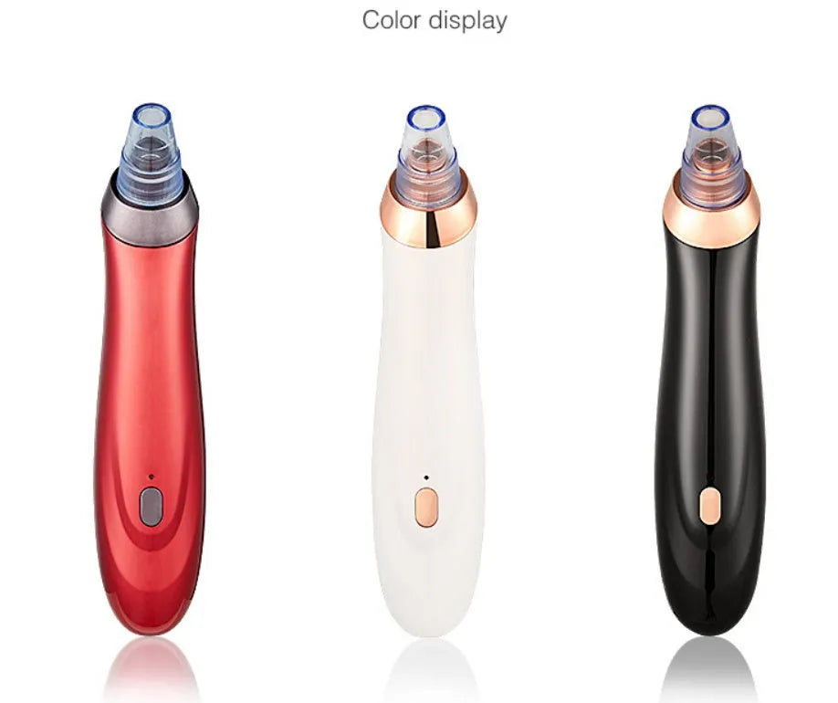 Electric blackhead remover device with five nozzle attachments in black, gold, red, or white colour options.