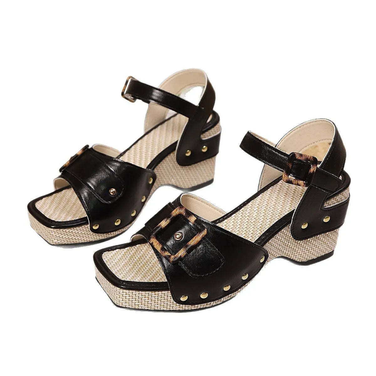 Women's black chunky heel sandals with metal buckle closure and square toe design