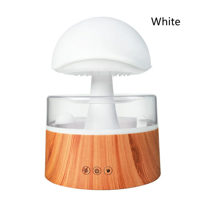White cloud-shaped humidifier and aroma diffuser with coloured lights and simulated raindrops
