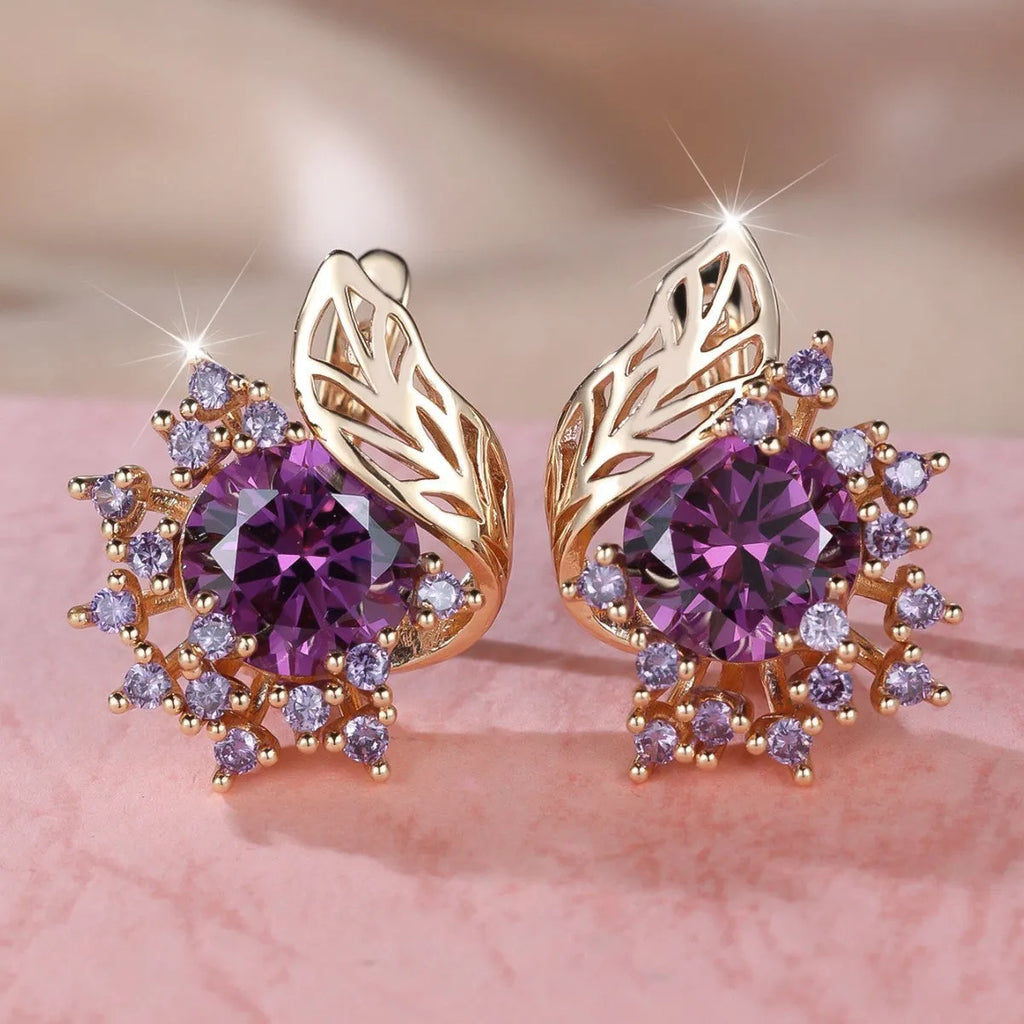 Round flower feather zircon earrings in electroplated champagne gold with coloured diamond options