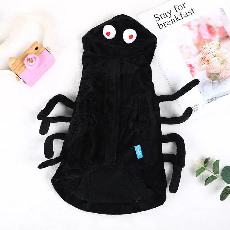 Halloween spider costume for a dog or cat, made from polyester fabric, shown in S, M, L sizes.