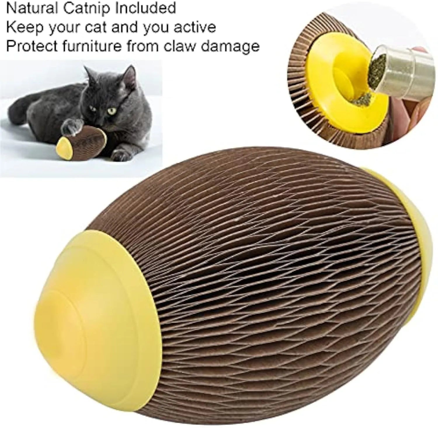 Elliptical catnip scratch football toy made from recycled corrugated paper.