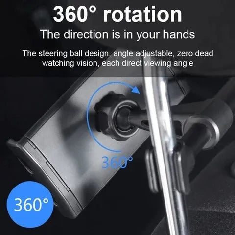 Black universal car phone holder mounted on a rear seat headrest, holding an iPad.