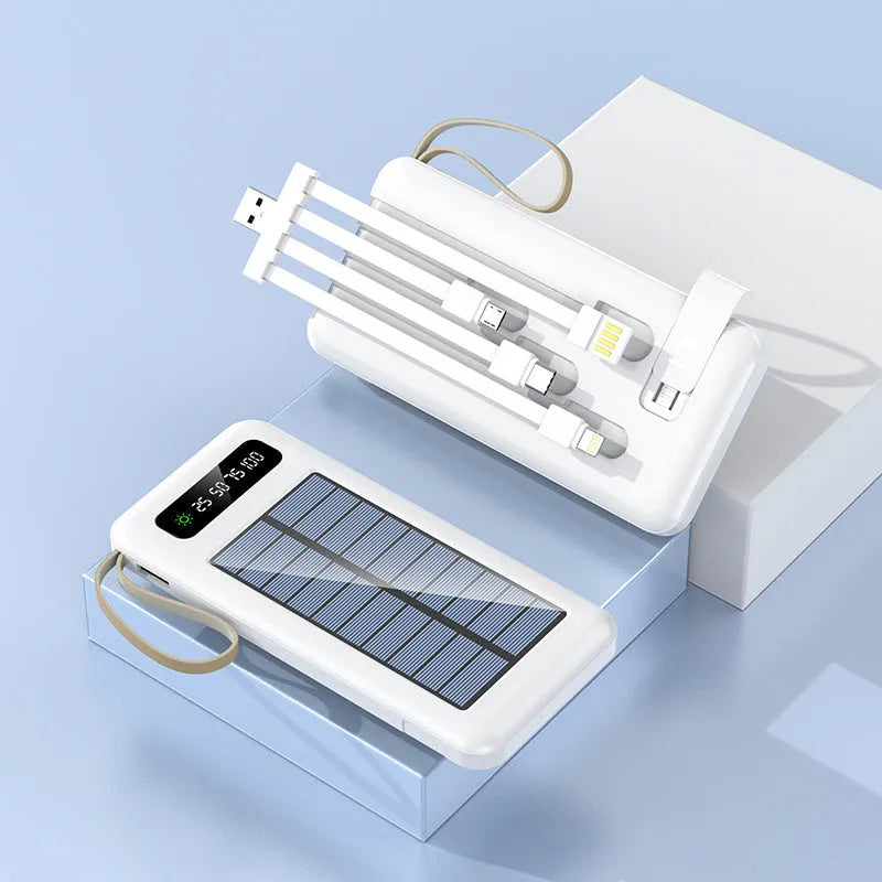 Solar power bank in black or white with integrated solar panel, showing compact 144mm x 68mm x 16mm dimensions.