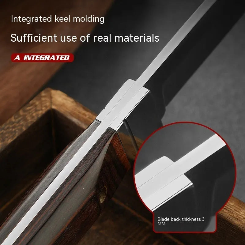 Stainless steel camping fruit knife with national style design in its leather case.