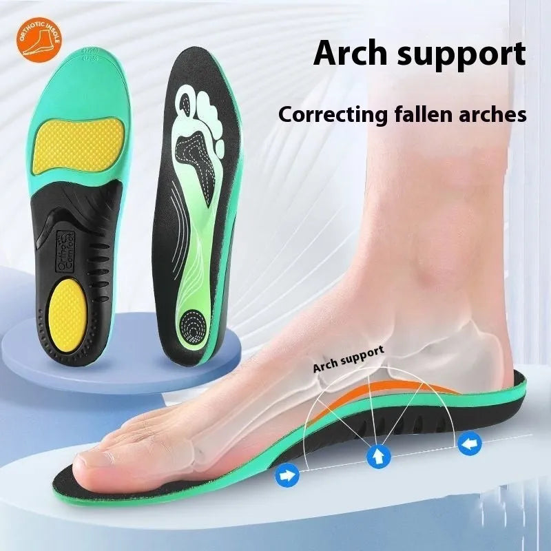 Blue and green flat foot correction insoles made from PU material showing size ranges 35-46.