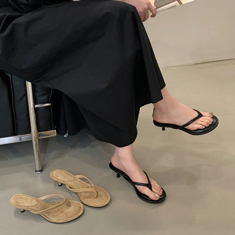Women's round toe stiletto sandals in black and camel colours with rubber soles