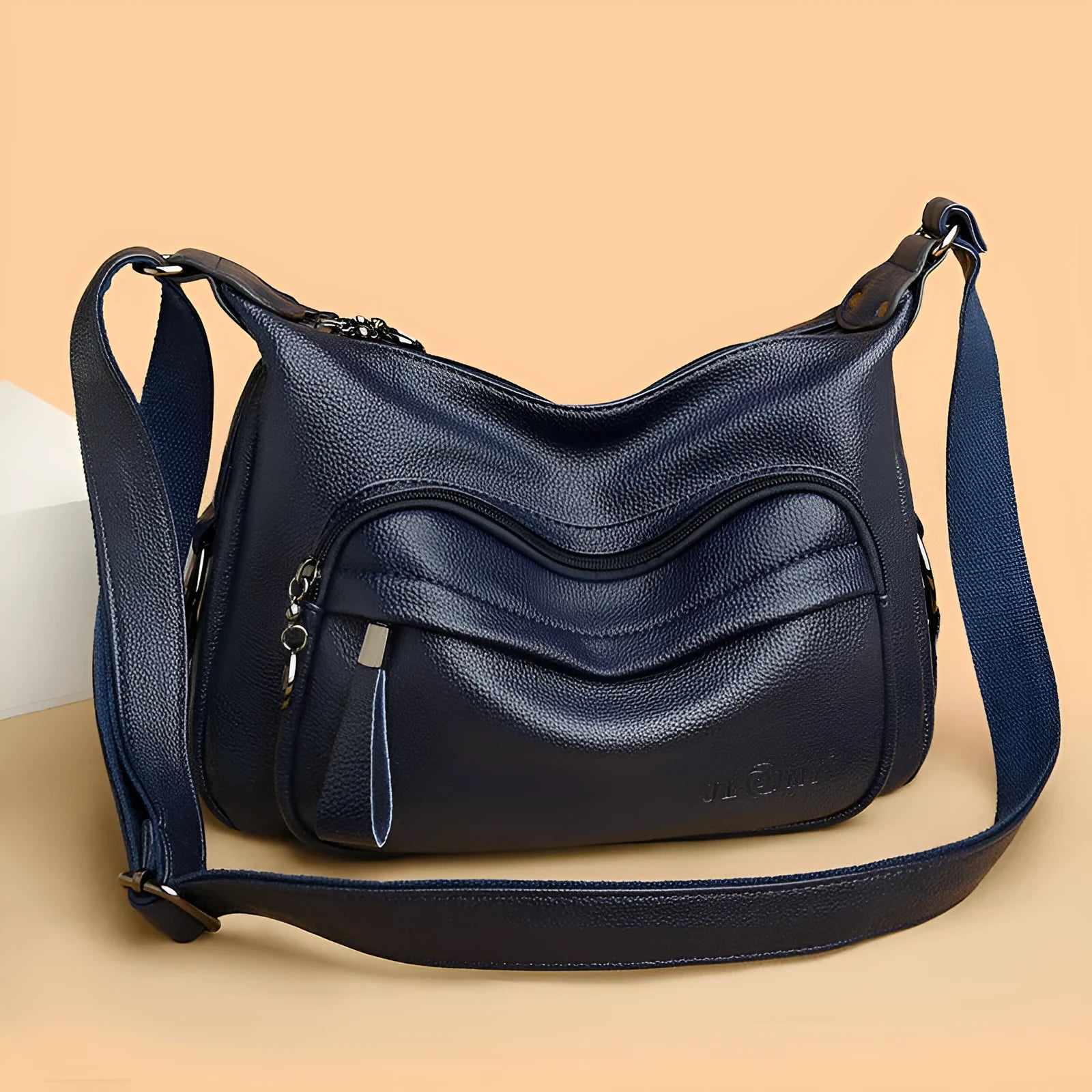 Large black or blue soft PU women's shoulder bag with crossbody strap and multiple internal pockets