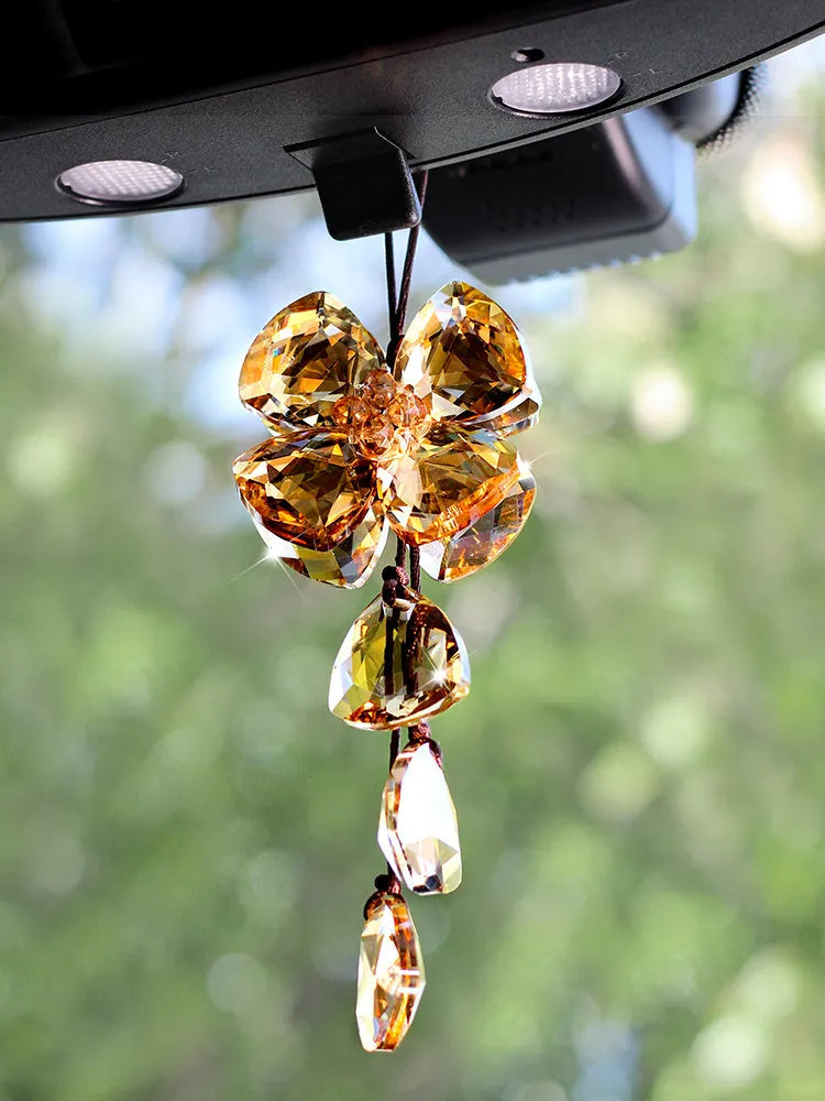 Crystal four leaf grass car interior pendant approximately 20CM in transparent champagne black or shiny colours