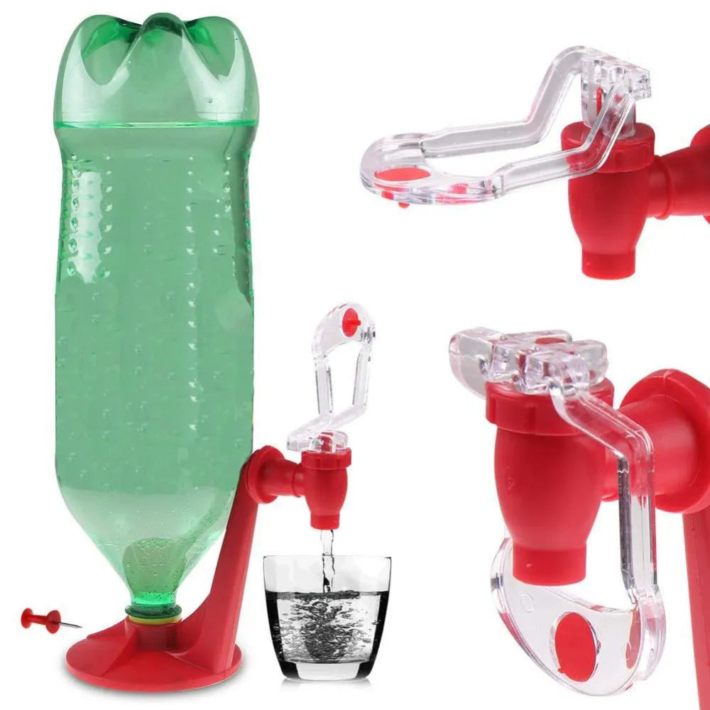 Red plastic Magic Tap soda bottle dispenser attached to a 2-litre drink bottle