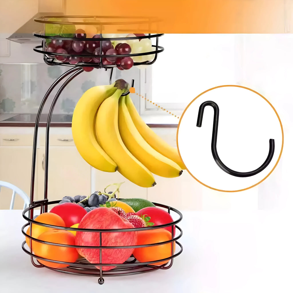 Black double-layer wrought iron fruit basket with two storage tiers for restaurant or home use