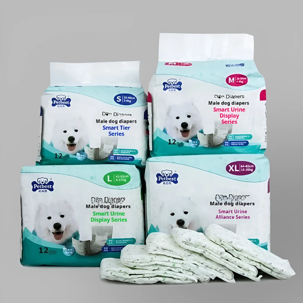 Petbest white male dog diaper with urine display, wearable wrap in S M L XL sizes