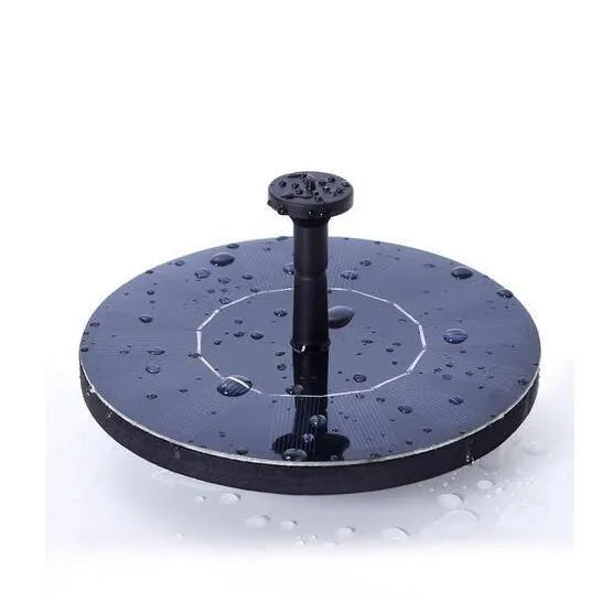 Black solar-powered fountain pump with multiple nozzles for garden ponds and birdbaths.