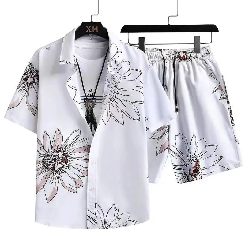 Men's digital print cardigan suit set with short sleeve shirt and elastic shorts in multiple colour options