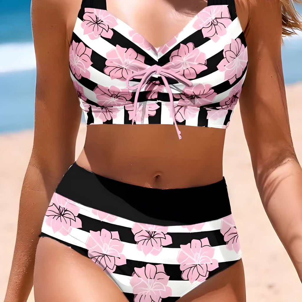 Black women's split bikini with belly coverage design for swimming