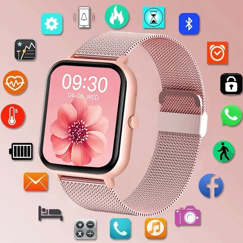 Smart watch with AMOLED screen showing health metrics and call function