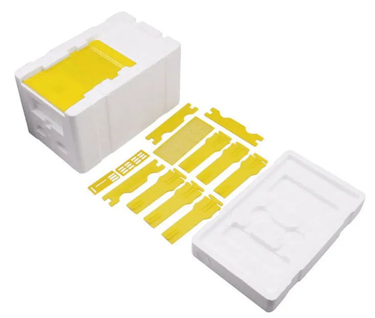 Three white foam bee queen transport boxes for beekeeping and mating applications