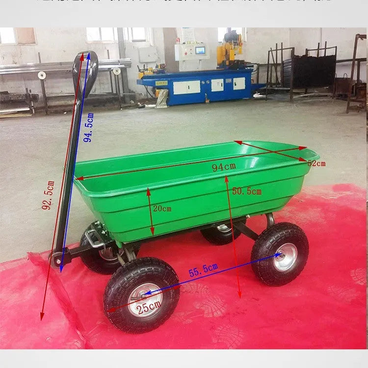 Green four-wheel plastic dumptruck with a large steel PP bed, TC2145 model.